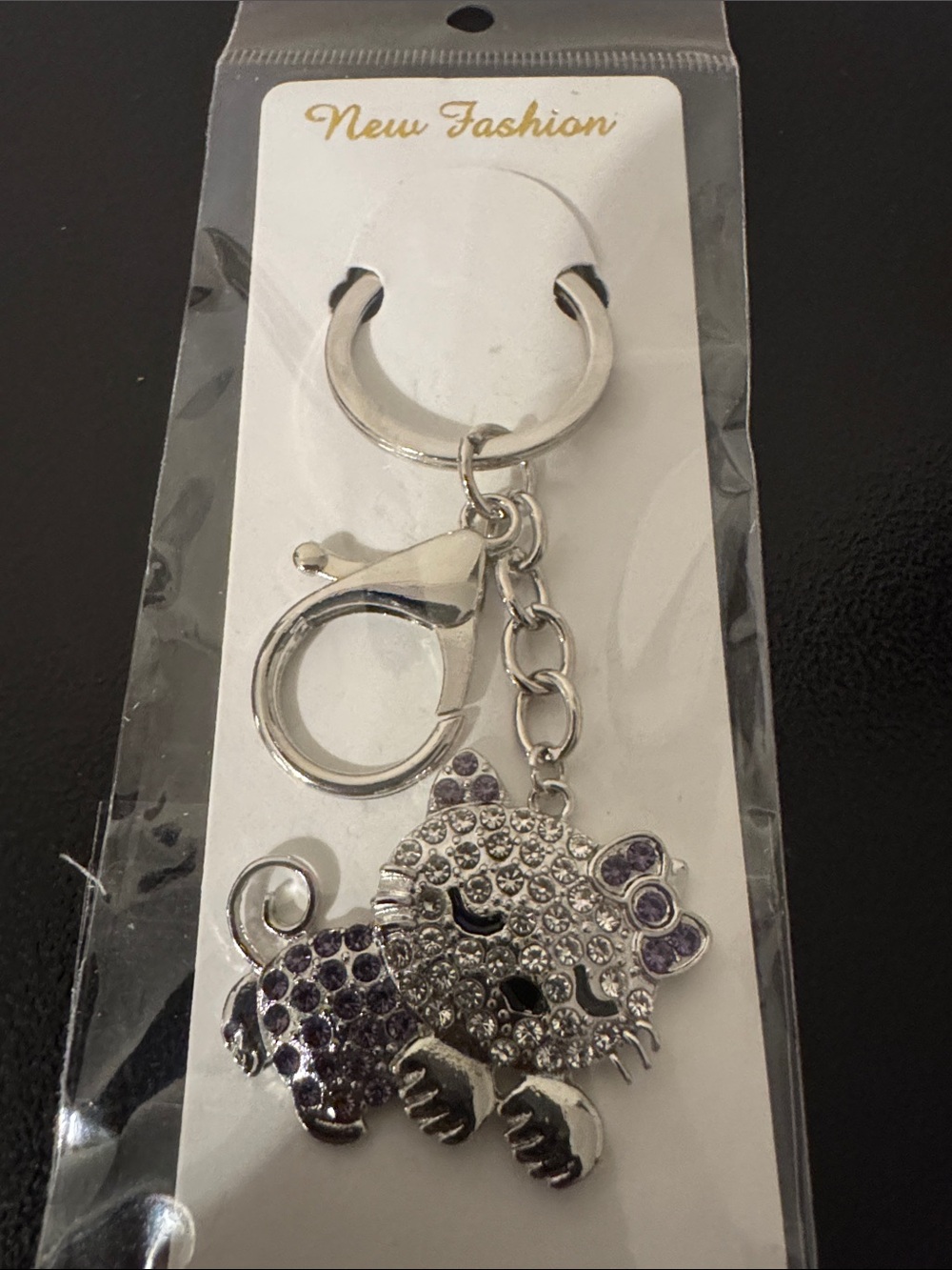 Silver and Purple Crystal Cat Keychain